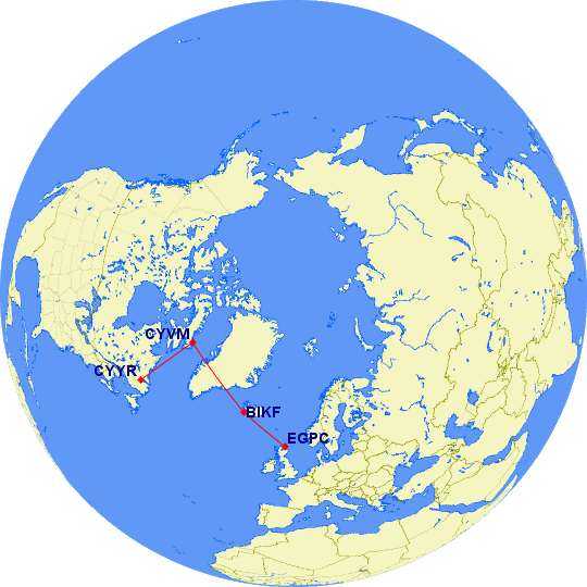 Atlantic ferry flight route overflying Greenland