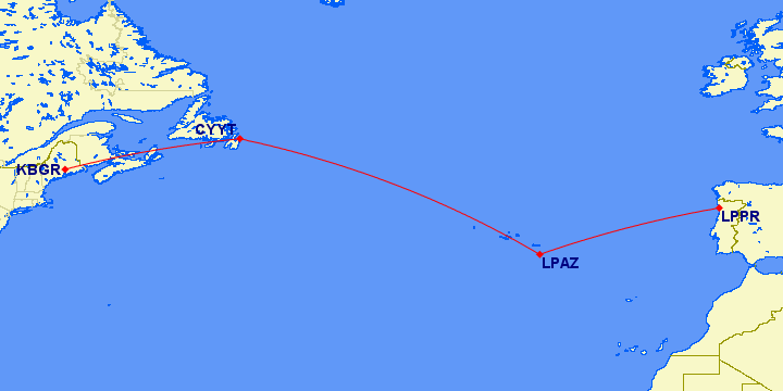 Southern Atlantic ferry flight route via the Azores